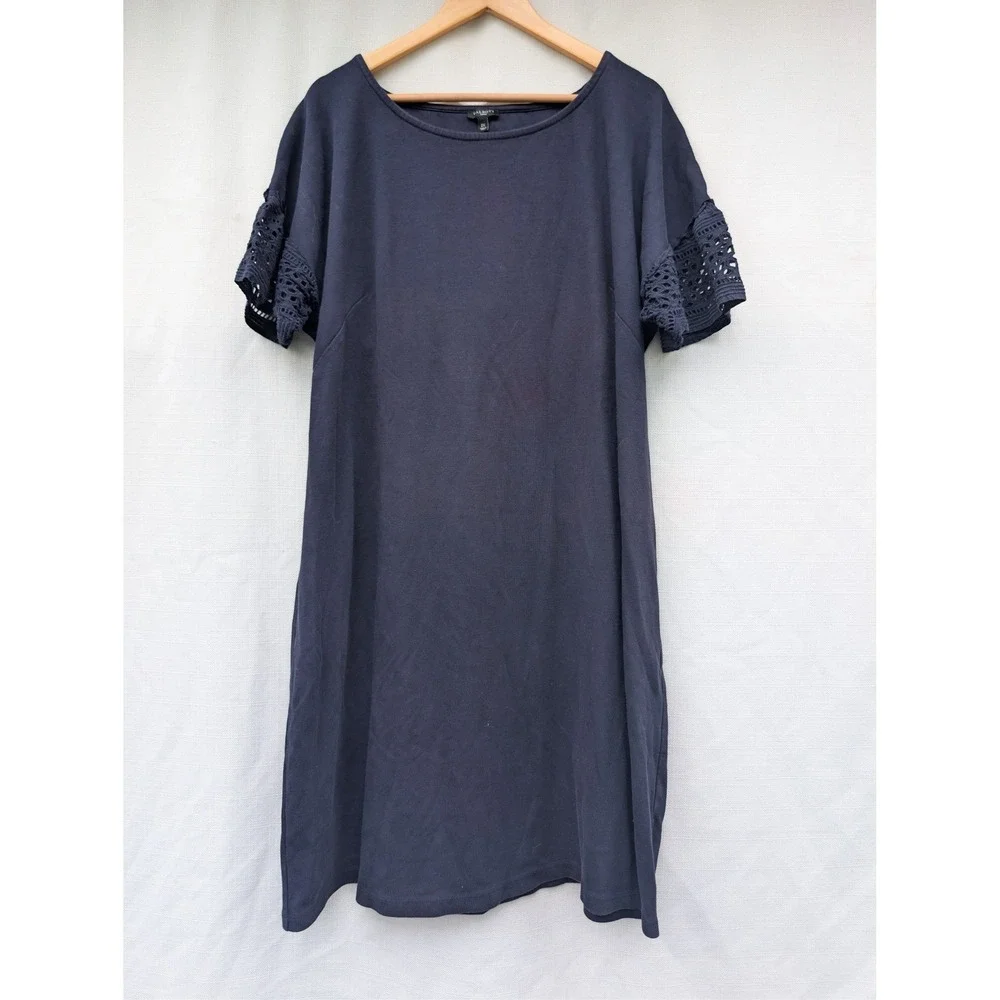 TALBOTS Shift T Shirt Dress Womens 2X Navy Blue Cotton Eyelet Crochet Sleeve‎